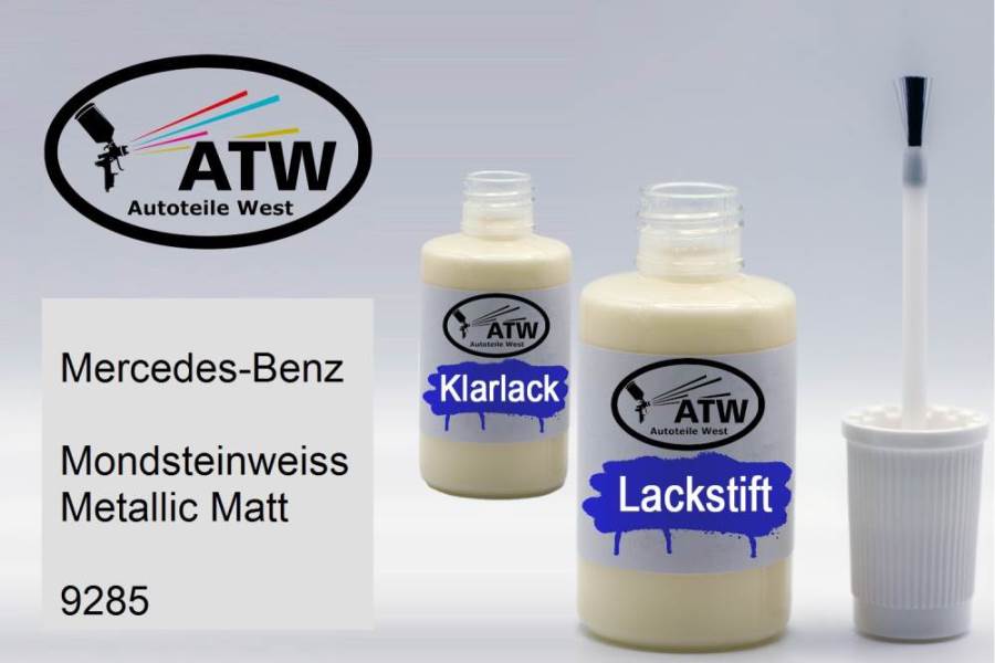 Mercedes-Benz, Mondsteinweiss Metallic Matt, 9285: 20ml Lackstift + 20ml Klarlack - Set, von ATW Autoteile West.